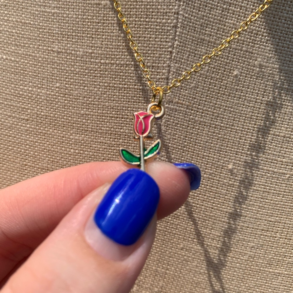 NWT Sterling Silver Plated Chain, Enamel Rose Flower Alloy Charm Neckkace - Picture 9 of 15